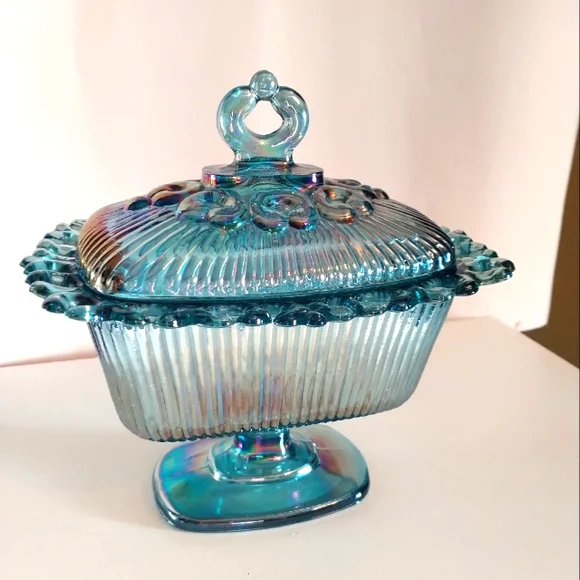 Carnival Indiana Iridescent Blue Glass Candy Dish with Lid - Picture 8 of 12